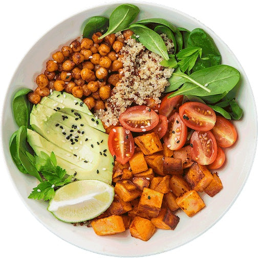 Fresh Salad with Avocados, Quinoa, and Sweet Potato Nuggets